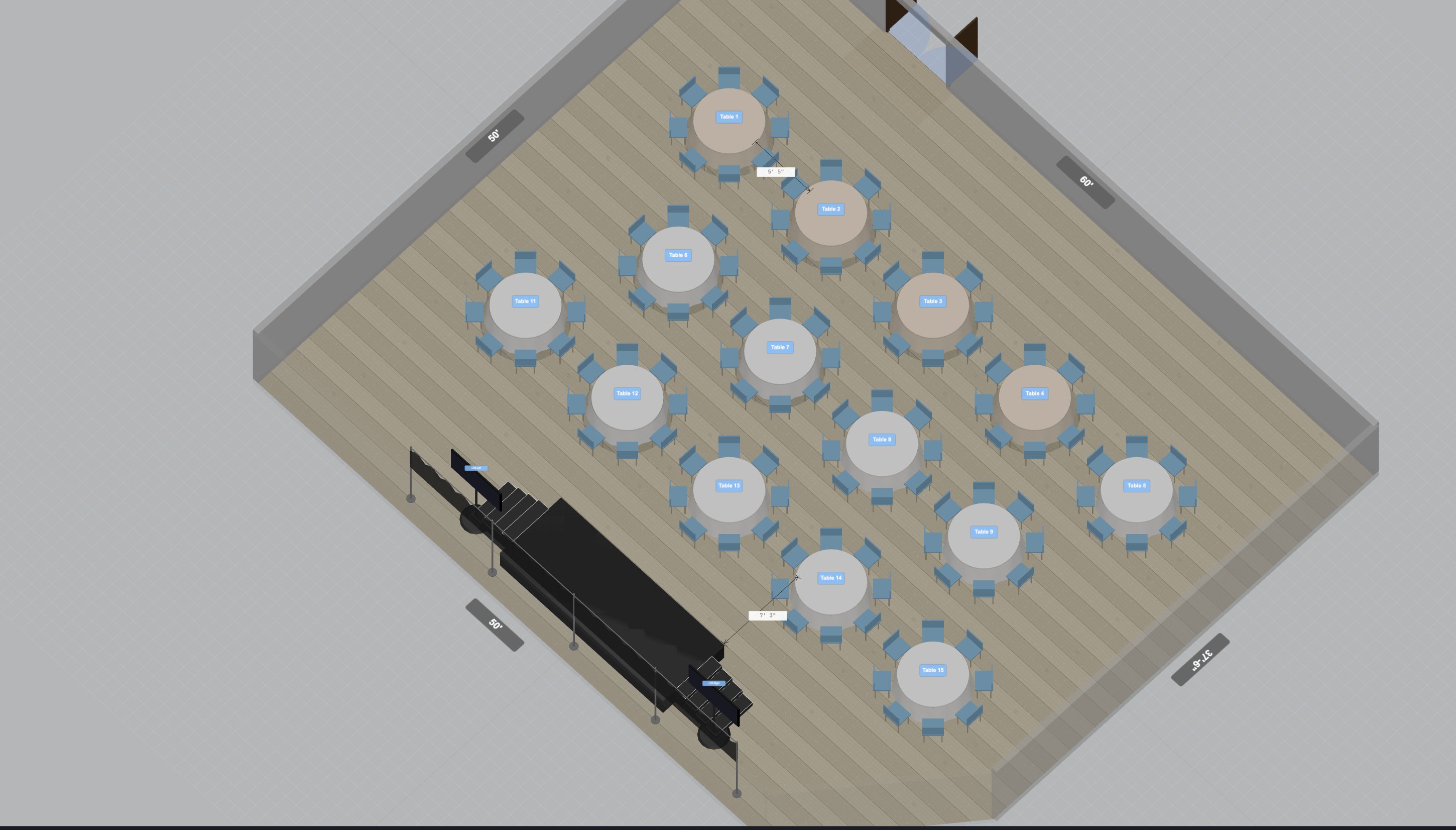speKthem technical isometric — banquet tables with live dimensions, table numbers, architecture visible, guest names hidden