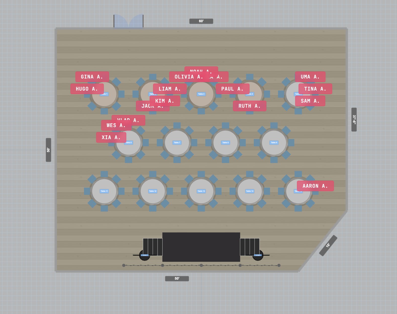 Plan view of seating layout with guest names on each seat